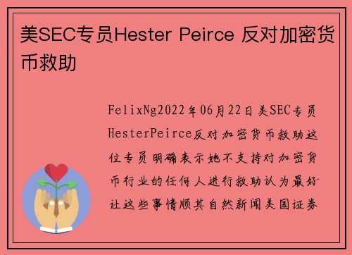 美SEC专员Hester Peirce 反对加密货币救助 